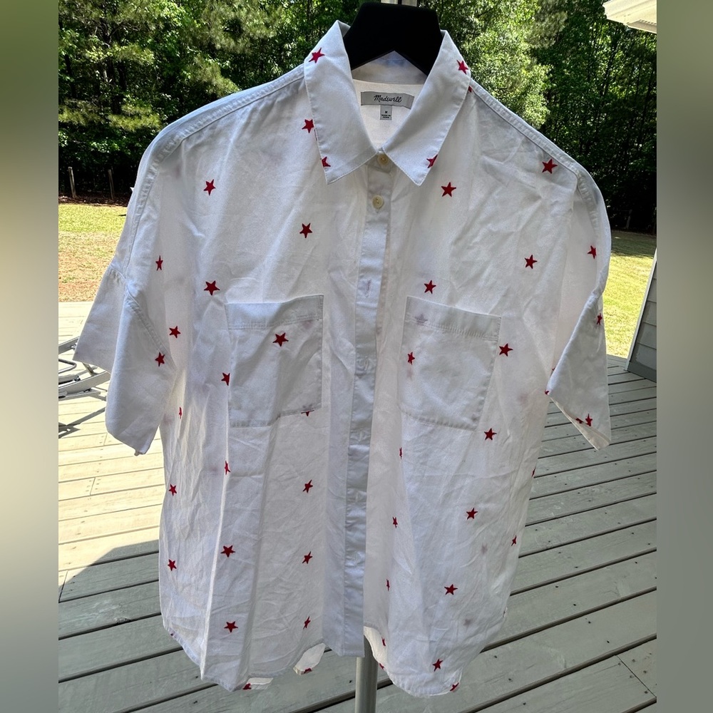 Madewell Red Star Embroidered Courier White Collared Shirt